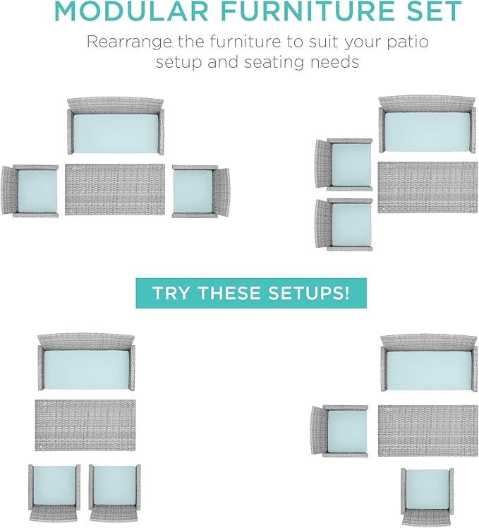 Best Choice Products 4-Piece Outdoor Wicker Patio Conversation Furniture Set for Backyard w/Coffee Table, Seat Cushions - Gray/Pastel Blue