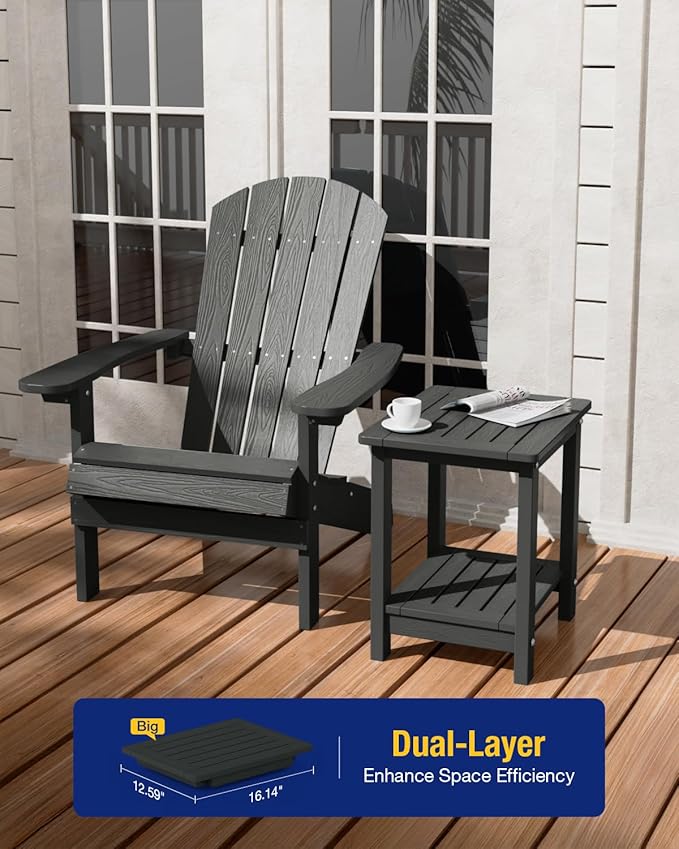 YEFU Outdoor Side Table for Patio: 16" HIPS Weather - Resistant Adirondack Tables Set of 2 - Small Square End Table for Backyard Living Room Bedroom - Indoor Outdoor Double Layer Table Dark Grey