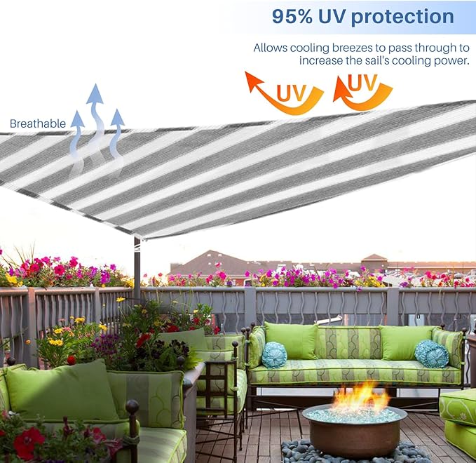 E&K Sunrise 5' x 5' x 5' Sun Shade Sail Triangle Canopy Shade Cover UV Block for Patio Backyard Garden Outdoor (Gray White Strip)