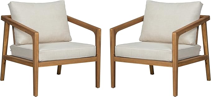 Christopher Knight Home Set of 2 Leland Patio Furniture Acacia Wood Club Chairs, Outdoor Lounge Chair, Relaxing Armchair/Accent Chair, Removable Cushion, Deep Seating, Sturdy Construction, Teak+Beige