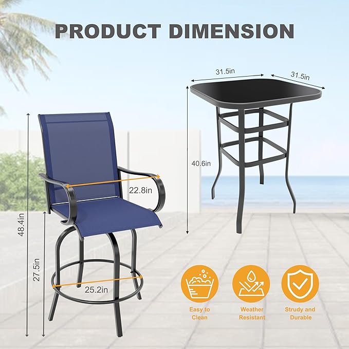 5 Piece Outdoor High Top Bar Set, 5 Pieces Outdoor Swivel Bar Set with 4 Swivel Chairs and Glass Top Table, All Weather Textile Fabric Outdoor Bar Height Chairs and Table Set of 5 for Deck, Backyard