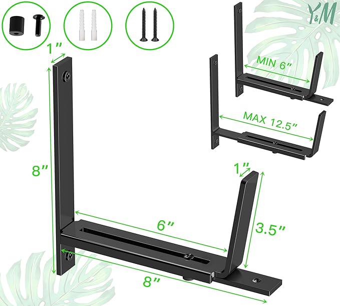 Y&M 2 Pack Adjustable Planter Box Brackets (6 to 12.5 in), Universal Window Box Brackets, Heavy Duty Iron Flower Box Wall Mounting Hooks for Balcony, Fences, Patio, and Garden - Black