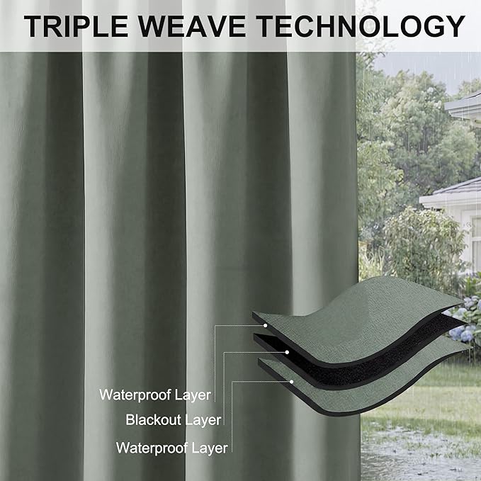 RYB HOME Outdoor Curtains for Patio Waterproof Block Sunlight Thermal Insulated Privacy Assured Thick Outside Curtains for Pergola, Deck, Gazebo, W52" x L108", Sea Green, 1 Panel