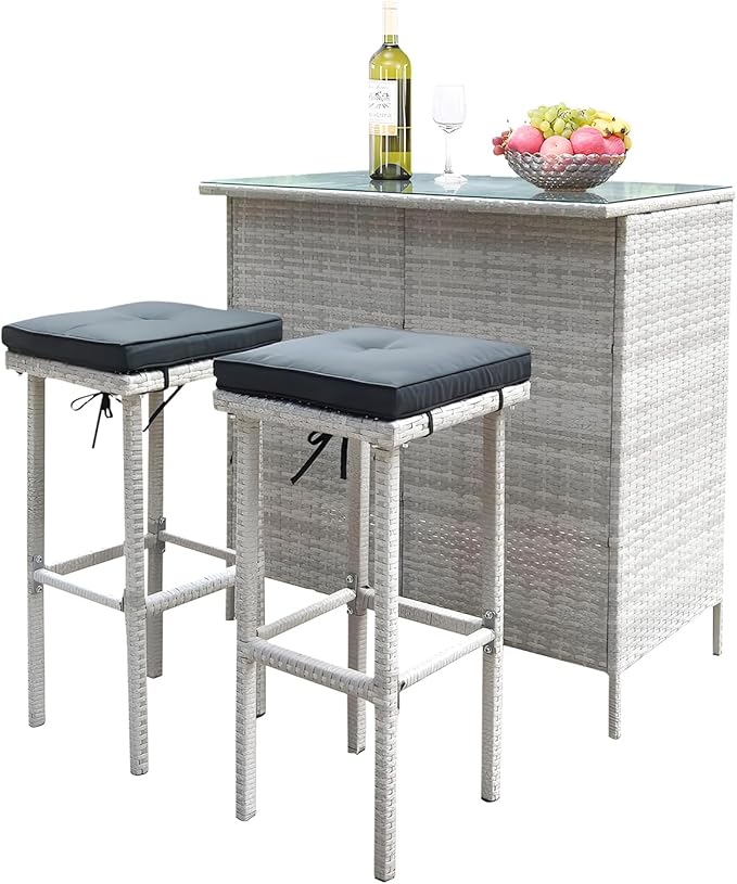 Wicker Patio Bar Set of 3-Piece, Rattan Bistro Set with stools and Coffee Table, Patio Bar Table and Chairs for Backyard, Porches or Poolside