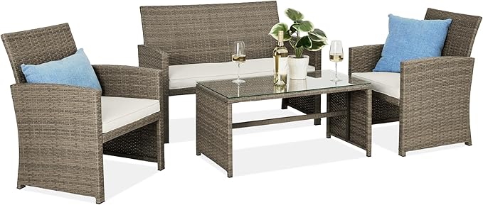 Best Choice Products 4-Piece Outdoor Wicker Patio Conversation Furniture Set for Backyard w/Coffee Table, Seat Cushions - Taupe/White Sand
