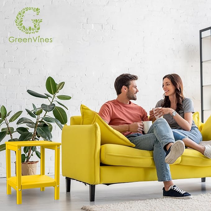 GREENVINES Adirondack-Outdoor-Side-Table | 14 x 13 Inches | HDPE Plastic | All Weather | Yellow | Outside End Tables | Storage Shelf | for Patio Porch Backyard Indoor