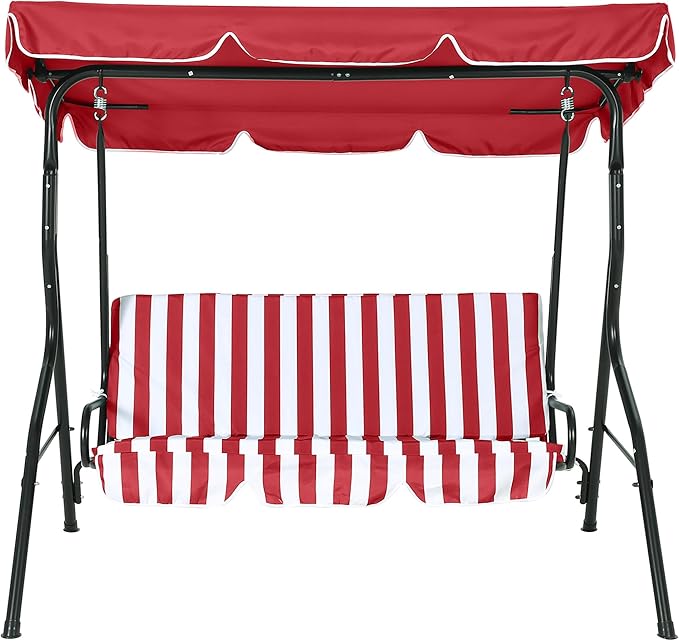 Outdoor Porch Swing Chair with Adjustable Canopy & Striped Seat Cushion for Adults 3-Seat Patio Glider Bench with Thick Cushions Steel Frame Outdoor Swing Chair for Backyard Lawn Garden Red