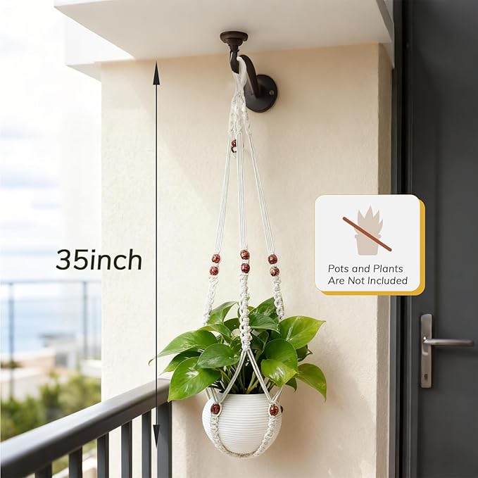 35 Inch Macrame Plant Hanger, Large for up to 15 Inch Pot Extra Long Hanging Planter Holder Basket with Wood Beads for Indoor Outdoor Home Decor (Ivory, 1-Pack)