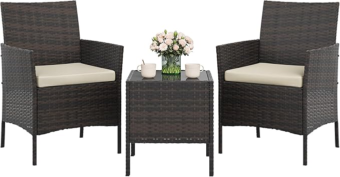 GAOMON 3-Piece Patio Furniture Set, Modern PE Rattan Conversation Set with 2 Chairs & Tempered Glass Coffee Table, All-Weather Outdoor Seating for Garden, Porch, Balcony, Poolside, Brown/Cream