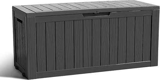 ROJIK Outdoor Storage Housing Deck Box - Waterproof Patio Furniture, Garden Tools, Cushions, Pool Accessories Storage Bench with Lockable Lid and Side Handles (Black 76 Gal)
