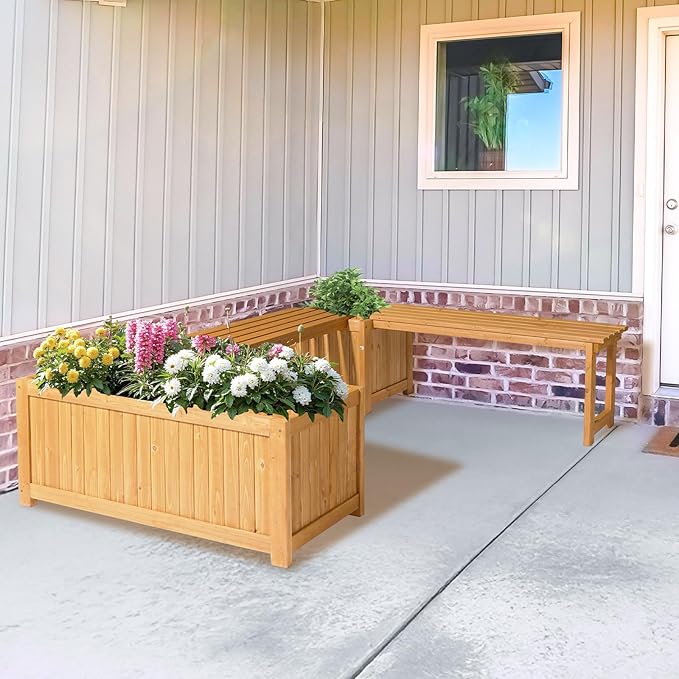 VINGLI Outdoor Wood Bench with Planter Boxes, 2-in-1 All-Weather Porch Bench Seat ＆ Open-Ended Wooden Raised Garden Bed, for Balcony Yard Patio (1 Box + Rectangle)