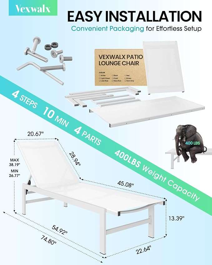 Outdoor Lounge Chair for Pool, Aluminum Chaise Lounge Chairs with 5-Position Recliner, Patio Lounge Chair for Backyard, Poolside, Deck, Lawn (White)