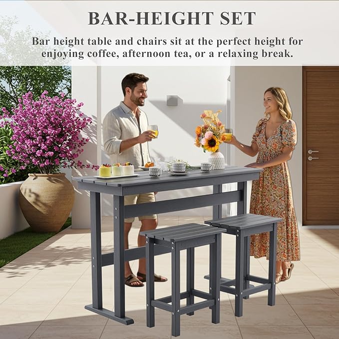 3 Pcs HDPE Outdoor Bar Set of 2 Includes Bar Height Table and Chairs, Patio Bar Stools Set for Bistro, Poolside, Backyard, Gray