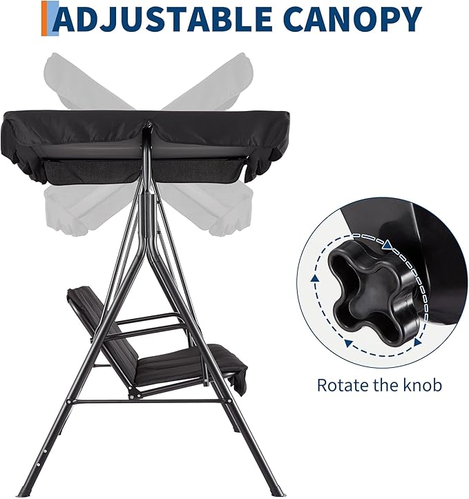 Porch Swing Chair with Adjustable Canopy for Adults 3-Seat Patio Glider Bench with Thick Cushions Steel Frame Outdoor Swing Chair for Backyard Lawn Garden Black