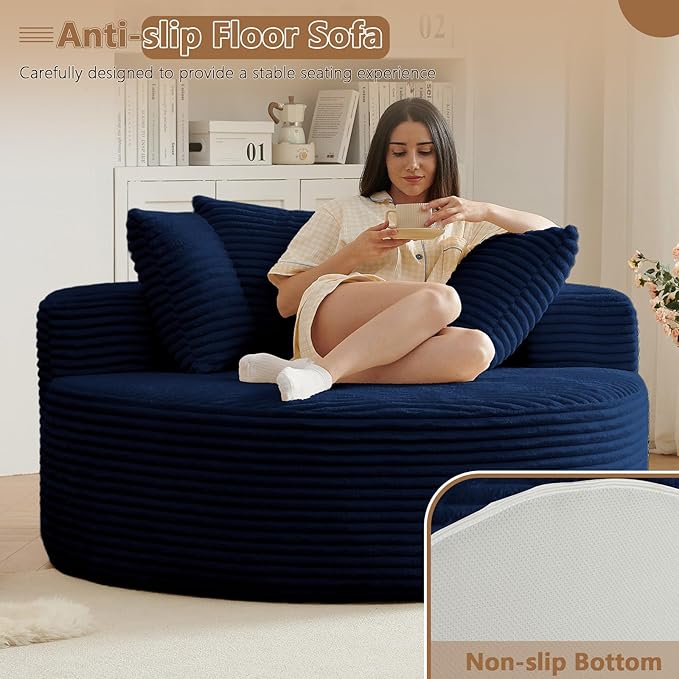Oversized Round Chair Lounge Chaise Indoor, Upholstered Corduroy Deep Seat Cloud Large Circle Sofa Chair, No Assembly Required, Fluffy Modern Sleeper Sofa Bed for Reading, Living Room, Dark Blue