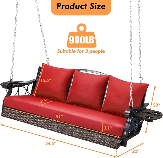 Heavy Duty 900 LBS Porch Swing Chair 3-Person Outdoor Rattan Patio Swing Lounge w/Cup-Holder & Steel Chains Wicker Hanging Bench Porch Swing Cushions for Deck & Backyard & Garden