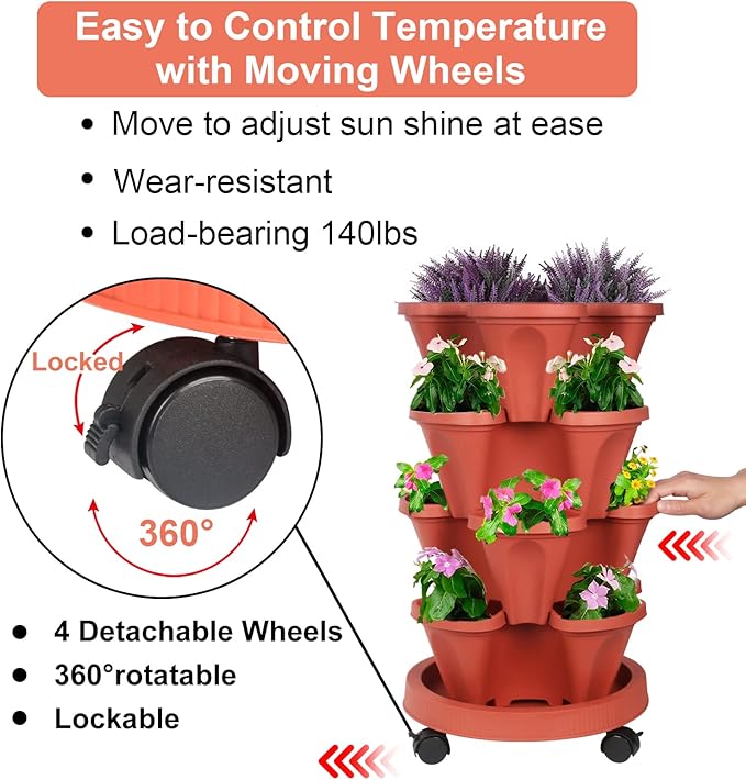 DUNCHATY Stackable Planters 4 Tier Vertical Garden Planting Tower Planters Strawberry, Herb, Flower, and Vegetable Planter Indoor Outdoor Gardening Pots with Removable Wheels and Tools