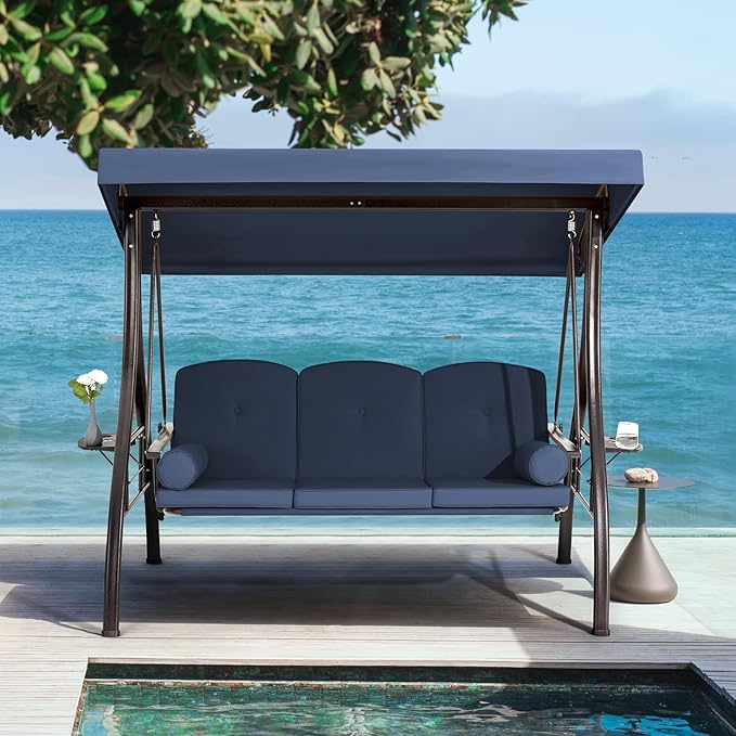 HOMREST 3 Person Outdoor Porch Swing with 1.5" Upgraded Cup Holder, Adjustable Canopy, Backrest, Patio Swing Bed with Weather Resistant Steel Frame, Cushions for Garden,Deck and Poolside(Blue)