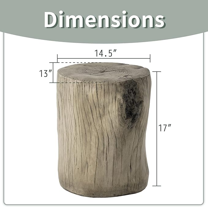 SUNBURY Outdoor Side Table Set of 2, Tree Stump Side Table Grey Colored Faux Wood, End Table Wood Stump Stool, Ottoman or Plant Stand, Deck or Garden