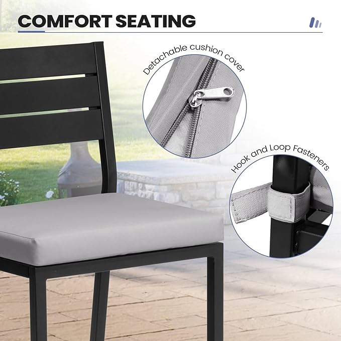 Crestlive Products Outdoor Bar Table and Chairs Set, 3 Piece Outside Patio Bar Set with 55" Long Bar Table and 2 Bar Stools for Balcony, Bistro, Garden, Backyard(Black Desktop and Light Gray Cushion)