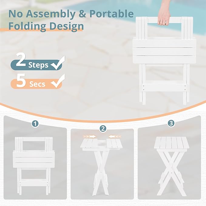 LUE BONA 27 inch Folding Side Table, HDPS Outside End Table for Patio, Porch, Deck, Pool, Weather Resistant, White