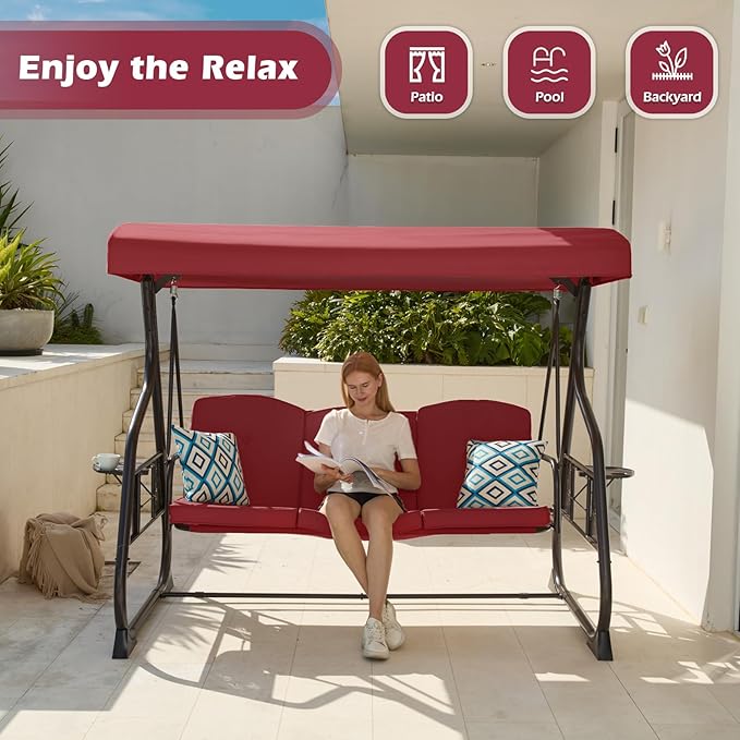 3-Seat Patio Porch Swing 800LBS Outdoor Swing with Stand w/Canopy & Adjustable Backrest Patio Glider Chair w/Removable Pillows & Foldable Side Tray for Balcony Garden Deck (Wine Red)