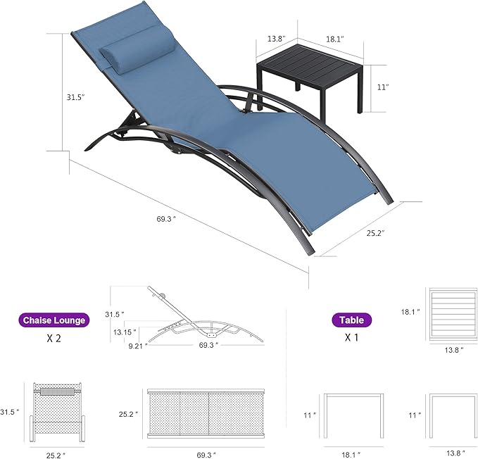 PURPLE LEAF Patio Chaise Lounge Set of 3 Outdoor Lounge Chair Beach Pool Sunbathing Lawn Lounger Recliner Outside Tanning Chairs with Arm for All Weather, Side Table Included, Indigo