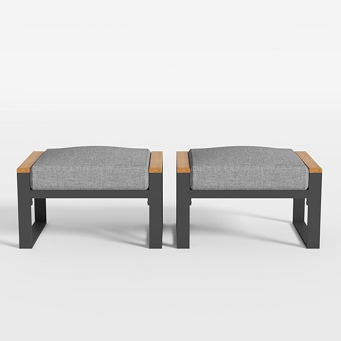 Sundale Outdoor 2 Pieces Aluminum Patio Ottoman, Outdoor Footstool with Sandwich Foam Cushions, Olefin Fabric, Small Metal Outdoor Chairs for Deck, Backyard, Porch (Grey)