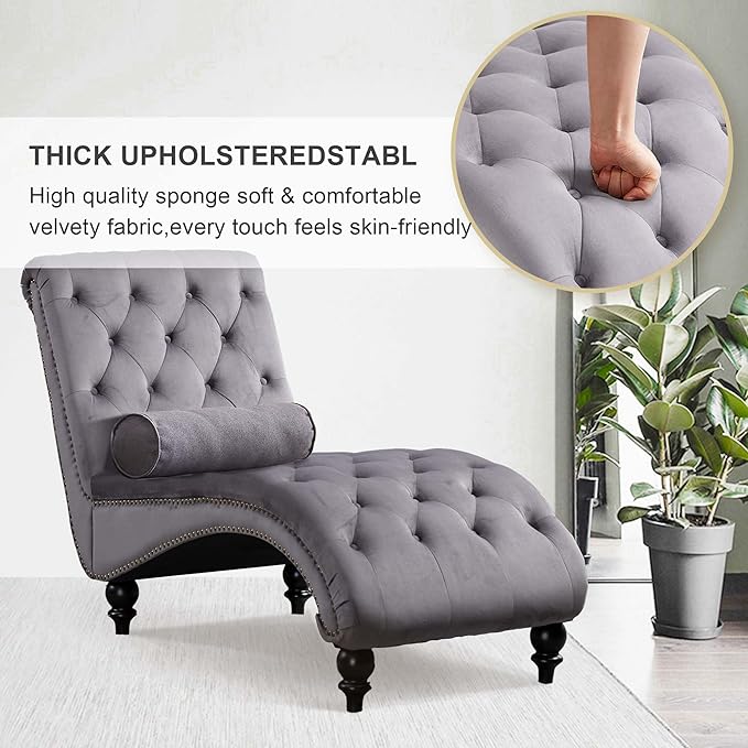 Chaise Lounge Indoor,Velvet Upholstered Lounge Chair Button-Tufted Armless Chair with Pillow, for Bedroom Living Room Office Modern Backrest Leisure Recliner Sleep Sofa,Gray