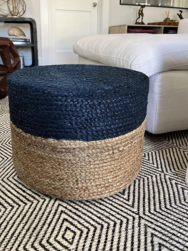 S & L Homes Pouf Ottoman - 100% Jute Braided Footrest Pouf Hand Knitted Traditional Cord Boho Pouffe for Living Room, Bedroom, Nursery, Patio, Lounge Colorblock - Natural Navy (20”x20”x10”)