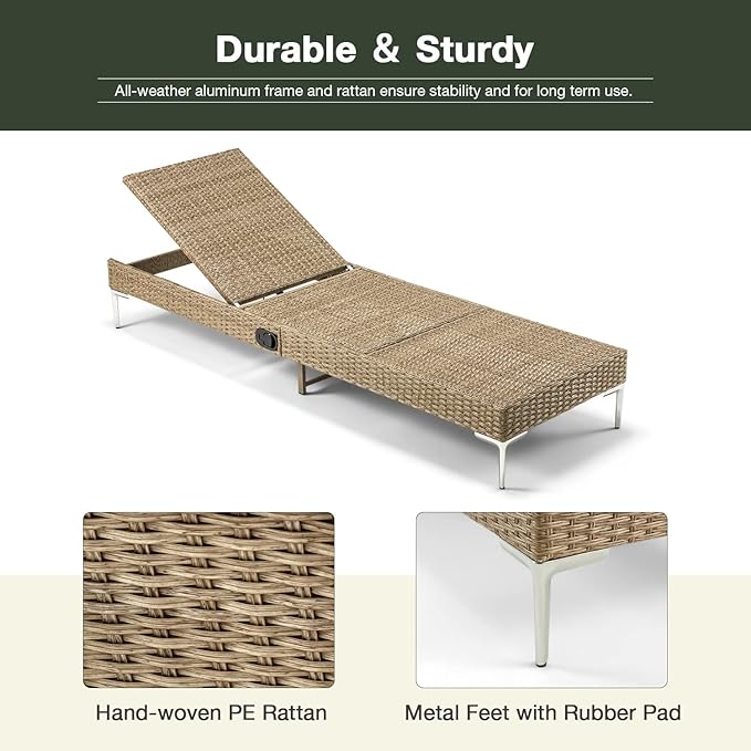 HOMREST Outdoor Chaise Lounge Chair Set of 6, Patio Wicker Lounge Chair with Adjustable Backrest, Rattan Pool Recliner with Removable Cushion Suitable for Outside Khaki