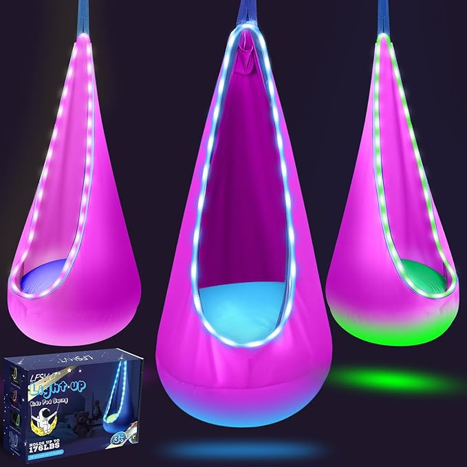 Light Up Kids Pod Swing Seat, Upgraded Kids Hanging Hammock Swing with LED Lights, Cotton Sensory Pod Swing Chair with Inflatable Pillow, Pod Swing for Kids Indoor & Outdoor (1 PCS) (Pink)