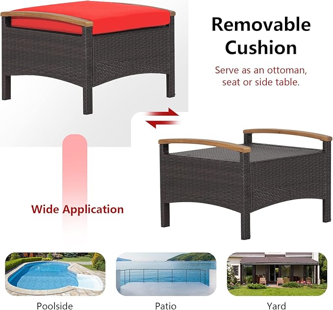 RELAX4LIFE Outdoor Wicker Ottomans for Patio - 2 Pieces PE Rattan Ottoman, Footrest Seat with Zippered Cushions, Acacia Wood Handles, 3-in-1 Footstool, Side Table for Poolside, Backyard (Red)