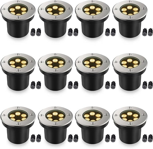 JESLED Outdoor Landscape Lights, 6W LED In Ground Well Lights, 12V 24V 3000K Warm White, IP67 Waterproof Low Voltage Landscaping Spotlight for Driveway Deck Step Yard Fence Garden Pathway (12 Pack)