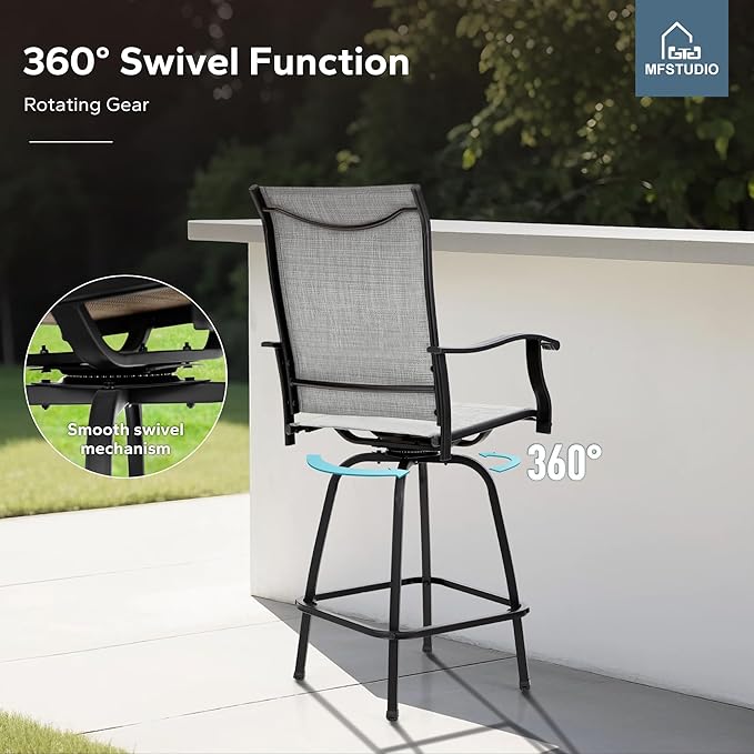 MFSTUDIO Outdoor Bar Stools Set of 4, Swivel Bar Height Patio Chairs Outdoor Barstools High Top Patio Swivel Bar Chairs, Breathable Textilene, Light Grey
