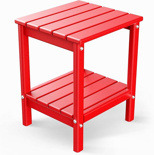 GREENVINES Adirondack-Outdoor-Side-Table | 14 x 13 Inches | HDPE Plastic | All Weather | Red | Outside End Tables | Storage Shelf | for Patio Porch Backyard Indoor