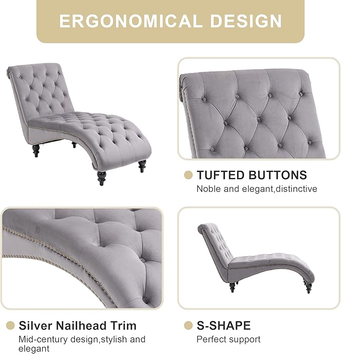 Chaise Lounge Indoor,Velvet Upholstered Lounge Chair Button-Tufted Armless Chair with Pillow, for Bedroom Living Room Office Modern Backrest Leisure Recliner Sleep Sofa,Gray