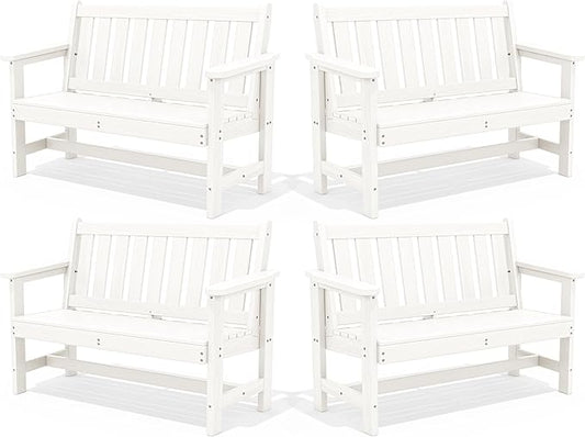 SERWALL Outdoor Bench, HDPE Outdoor Benches Weatherproof, 2-Person Garden Bench with 660 lbs Weight Capacity, Patio Benches for Outdoors, Garden, Porch, Backyard and Park, White, 4 Pack