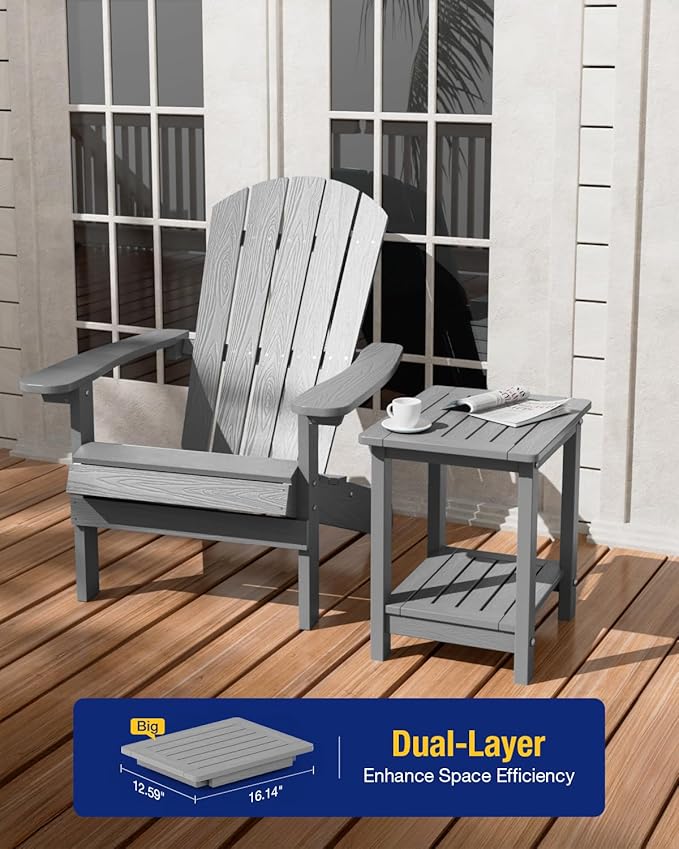 YEFU Outdoor Side Table for Patio: 16" HIPS Weather - Resistant Adirondack Tables - Waterproof Small Square End Tables for Backyard Pool Porch Balcony - Indoor Outdoor Double Layer Table Grey