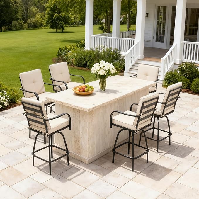 Outdoor Swivel Bar Stools Set of 6,Bar Height Patio Chairs with Cushions and High Backrest, All Weather Patio Bar Stools Furniture for Bistro Lawn, Pool, Garden and Backyard,Light Brown