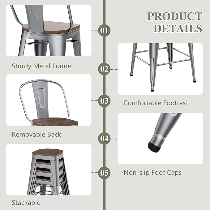 Yongqiang 30 inch Bar Stools Set of 4 Modern Farmhouse Bar Height Stools Kitchen Island Bar Chairs Metal Barstools with Wooden Seat, High Back Silver