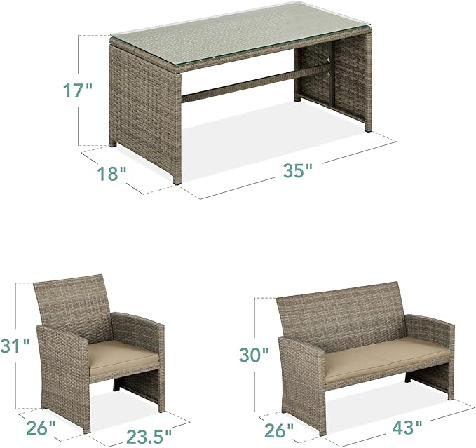 Best Choice Products 4-Piece Outdoor Wicker Patio Conversation Furniture Set for Backyard w/Coffee Table, Seat Cushions - Taupe/Desert