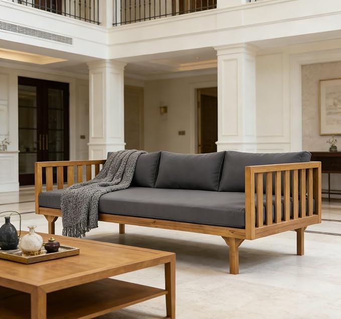 Merax Solid Acacia Wood Couch Chaise Lounge Chair Indoor, 3 Seater Daybed Sofa Couches with Cushions & Pillow, Heavy Frame Day Bed for Living Room, Office, Outdoor, Balcony, Patio, Water Resistant