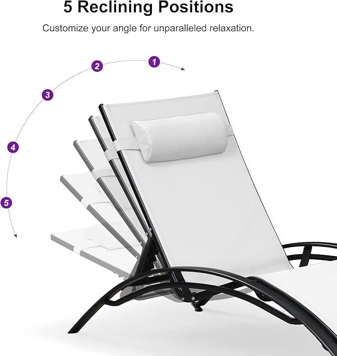PURPLE LEAF Patio Oversized Chaise Lounge Chair Set with Side Table Pool Adjustable Recliner Chairs for Outside Beach Outdoor Sunbathing Tanning Poolside Lounger Chair, White