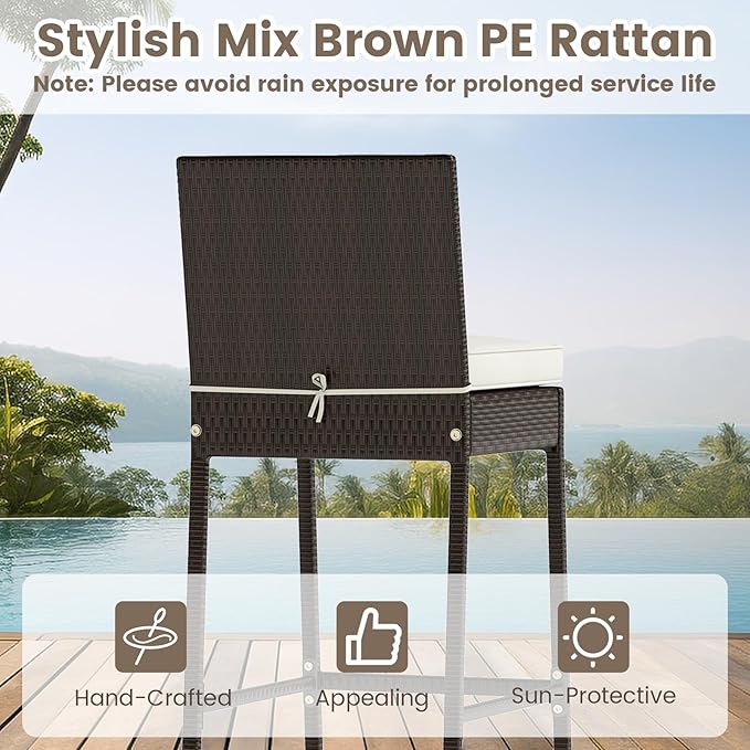 Tangkula 3 Piece Outdoor Bar Set, Patio Rattan Bar Height Heavy Duty Metal Frame Table & Cushioned Chairs, for Porch, Yard, Poolside and Bistro