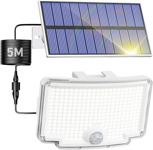 Peasur 1 Pack Solar Motion Lights Outdoor, 318 LED Solar Security Light with 3 Modes, IP65 Waterproof Powered Flood Lights for Outside Patio Garage Yard, (Cool Light,White Frame)