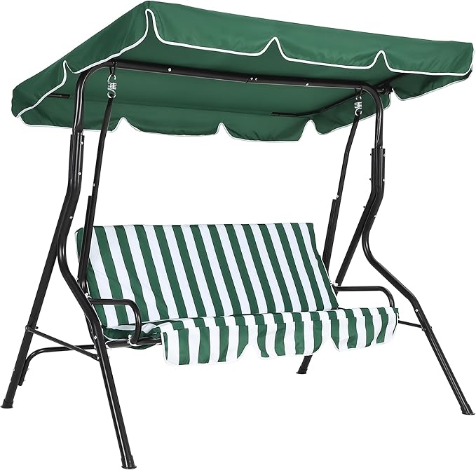 Outdoor Porch Swing Chair with Adjustable Canopy & Striped Seat Cushion for Adults 3-Seat Patio Glider Bench with Thick Cushions Steel Frame Outdoor Swing Chair for Backyard Lawn Garden Green