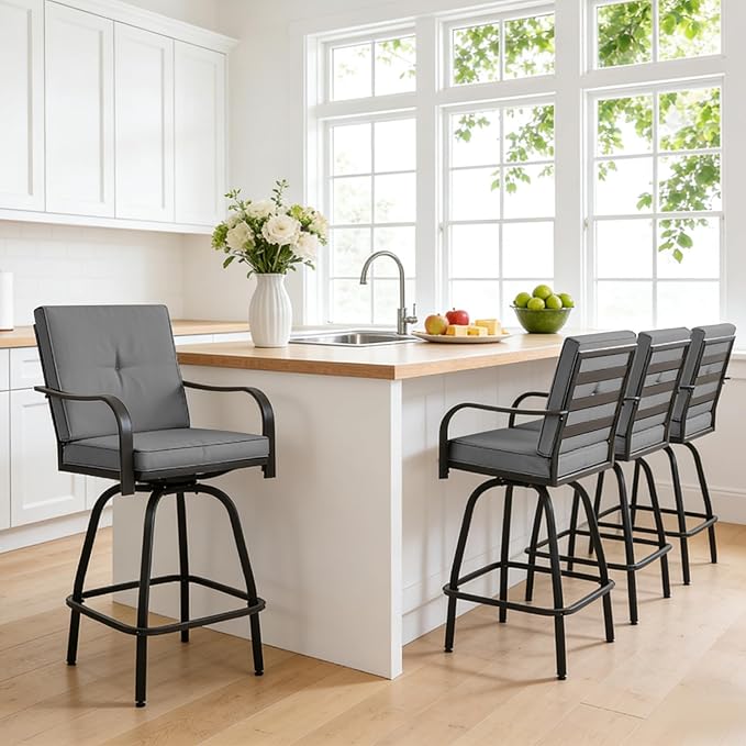 Outdoor Swivel Bar Stools Set of 6,Bar Height Patio Chairs with Cushions and High Backrest, All Weather Patio Bar Stools Furniture for Bistro Lawn, Pool, Garden and Backyard,Gray