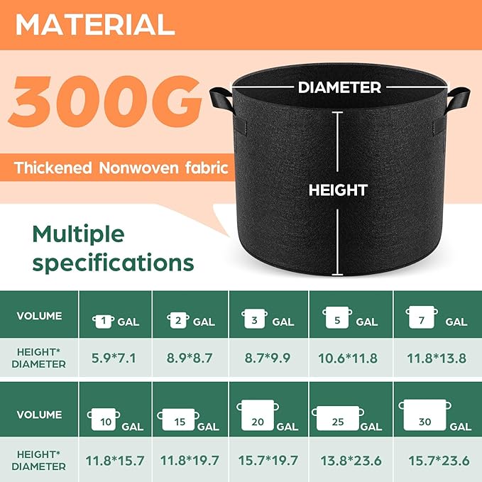 5 Pack 2 Gallon Grow Bags, Thickened Nonwoven Fabric Planter Pots with Handles, Heavy Duty 300G Garden Pots for Tomato, Potato and Vegetable