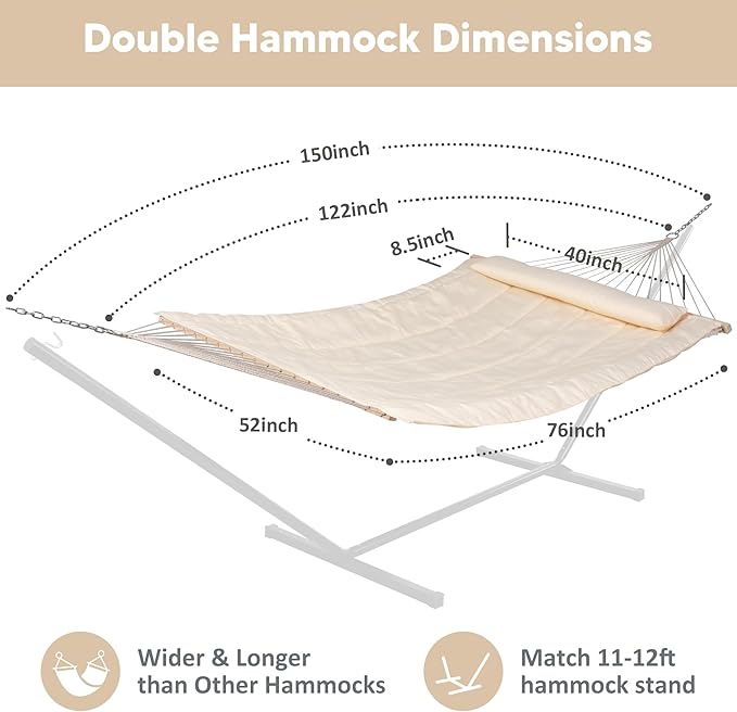 SUNCREAT Hammocks Replacement Hammock for Stand, 475 lbs Capacity, Two Person Backyard Hammock with Pad for Outside, Beige